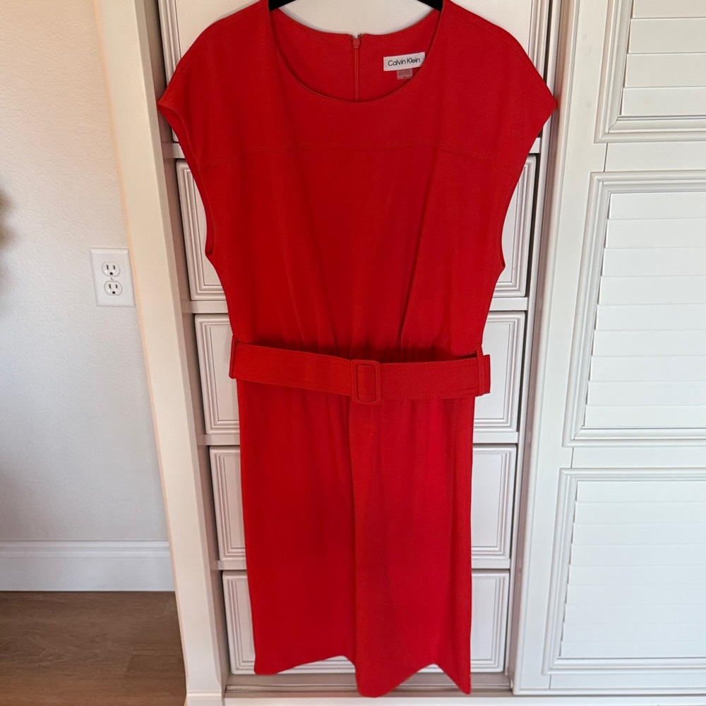 Calvin Klein Vibrant coral Dress with matching belt. Size 8